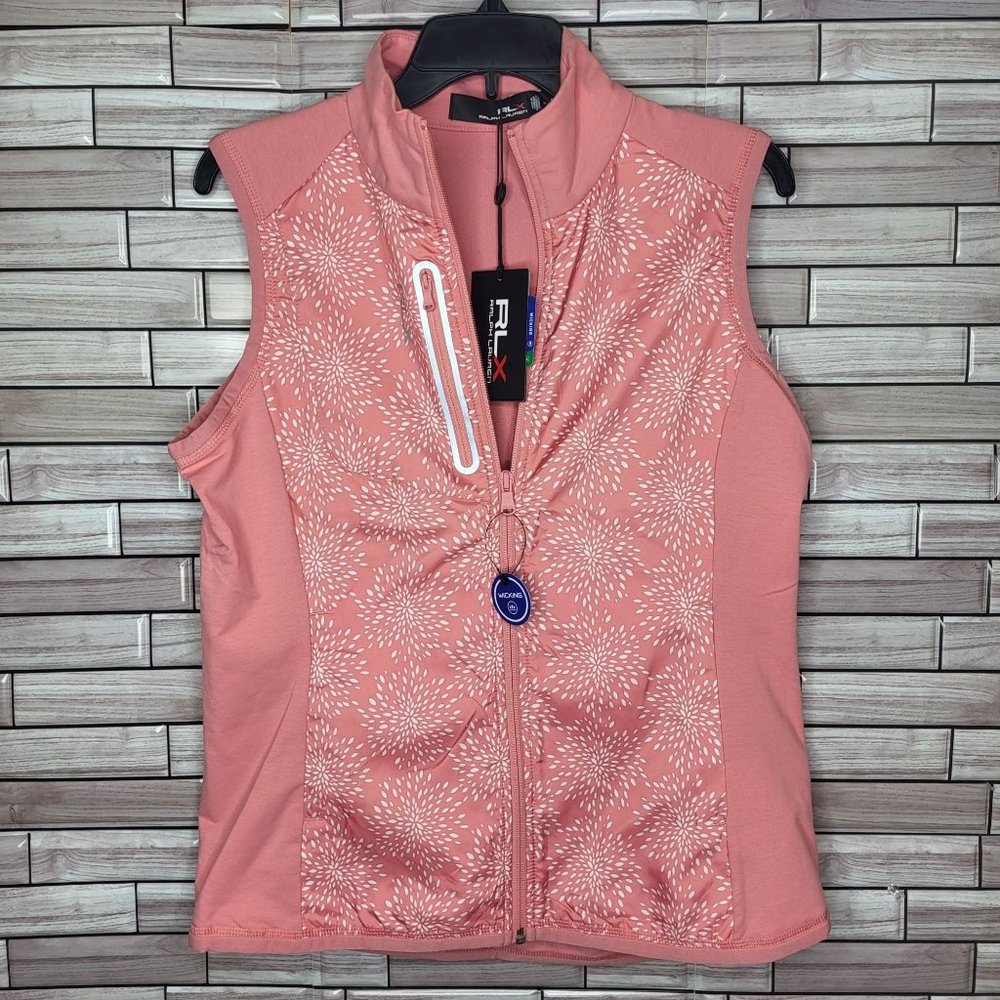 New RLX Ralph Lauren Golf Vest Women's Medium Full-Zip Pink White Pockets Jacket